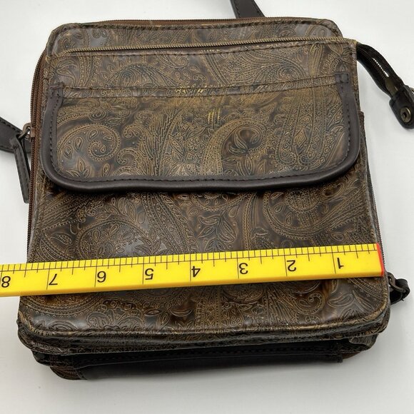 Relic Fossil Organizer Purse Brown Embossed Leather Shoulder Bag Paisley - Picture 9 of 16